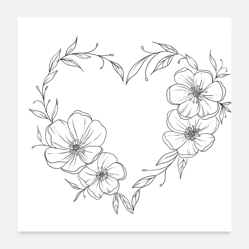 Herz mit Blumen und Blättern. Romantisch. Poster 60x60 cm