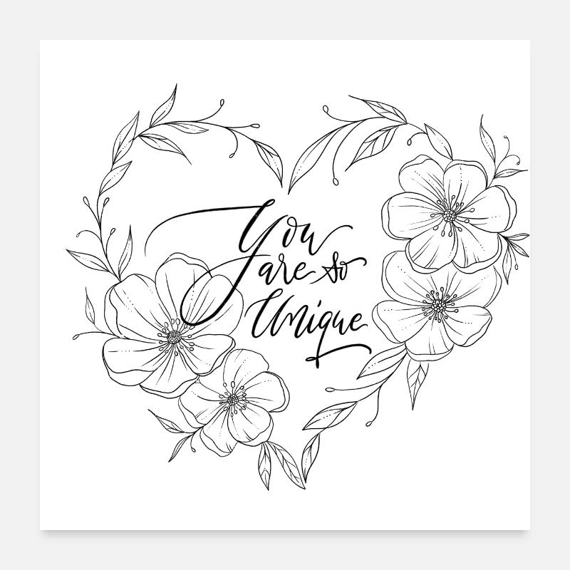 Cœur avec des fleurs et déclaration d’amour Poster 60 x 60 cm