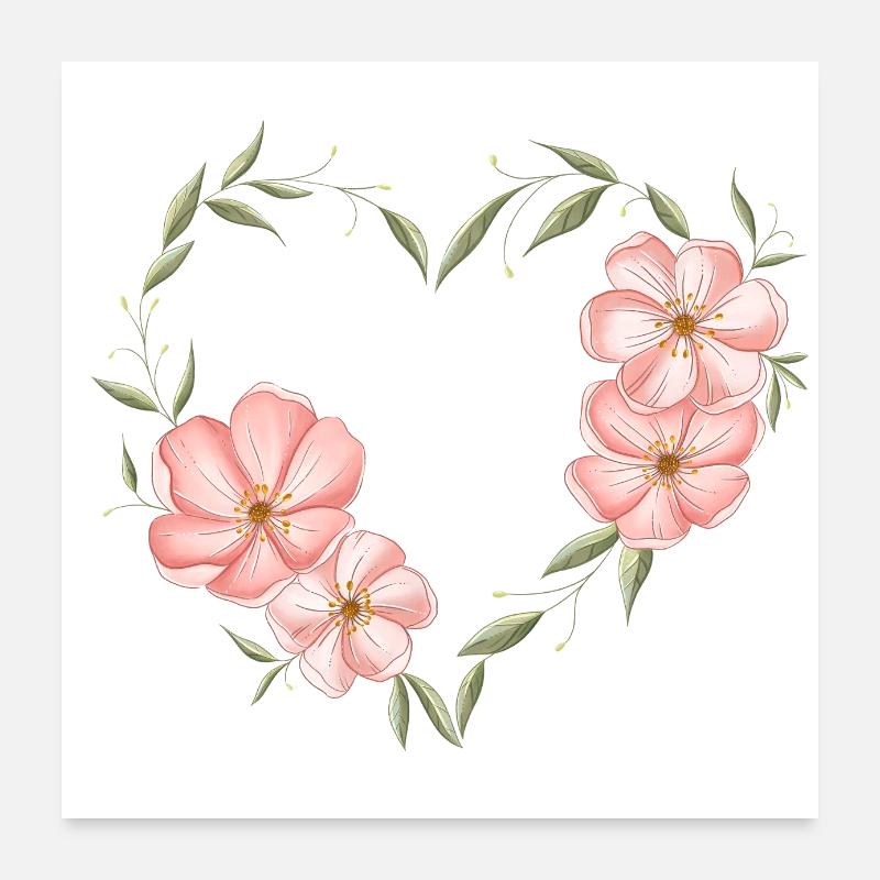 Coeur avec des fleurs et des feuilles Poster 60 x 60 cm