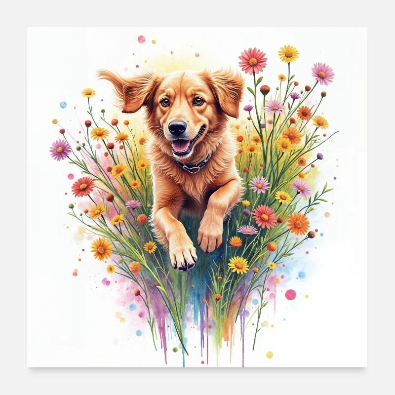 Hund in Blumenbeeten Poster 60x60 cm