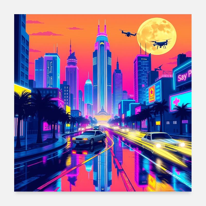 Retro Wave Stadtbild: Eine nostalgische Reise durch Poster 60x60 cm
