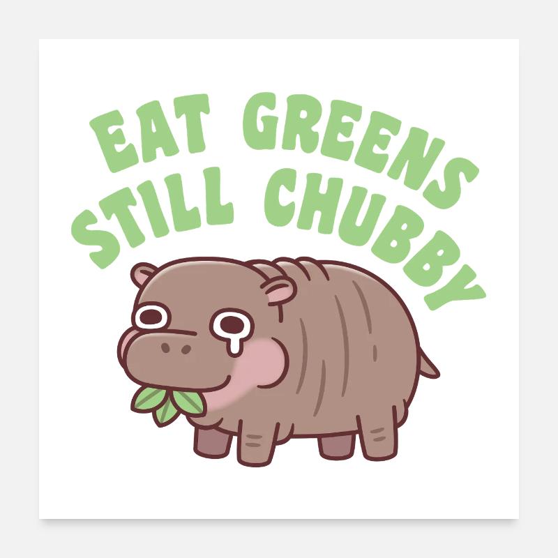Sad Hippo Eat Greens Still Chubby Funny Diet Poster 24" x 24" (60x60 cm)