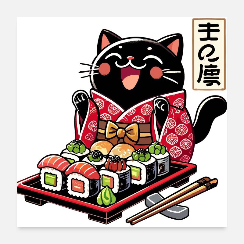 Sushi Black Cat Kimono Maki Nigiri Gift Poster 24" x 24" (60x60 cm)