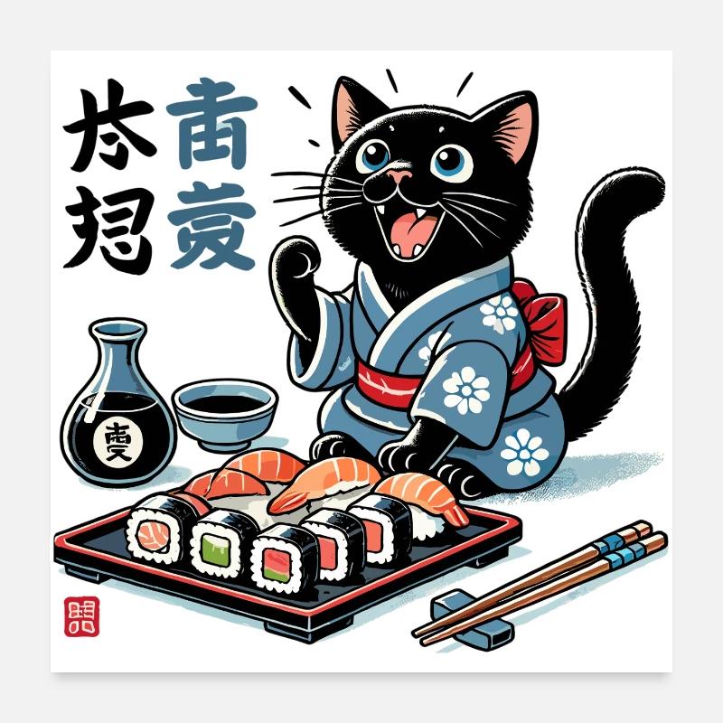 Sushi Schwarze Katze Kimono Maki Nigiri Geschenk - Poster 60x60 cm - Weiß