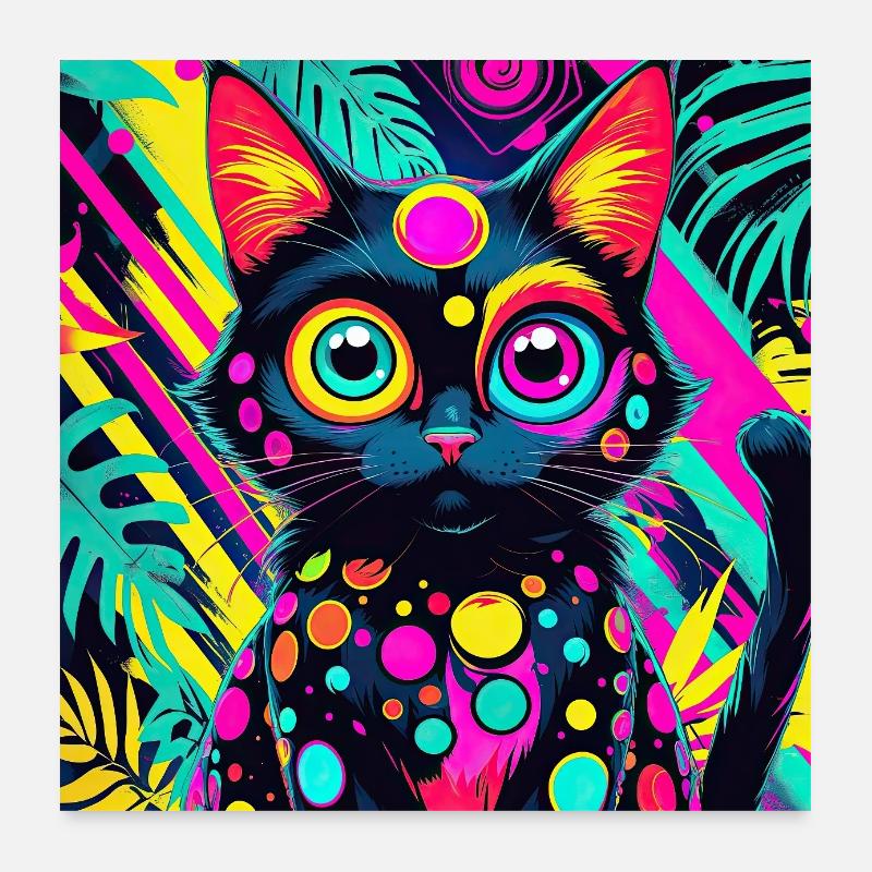 neon colored cartoon style Cat dog art design cool Poster 24" x 24" (60x60 cm)