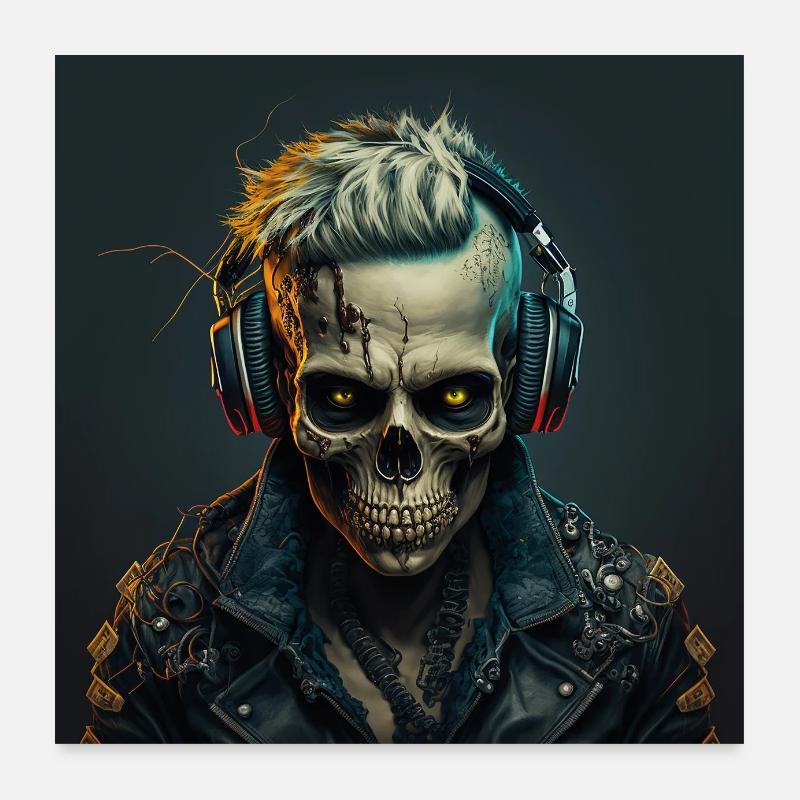 Cyborg Zombie Schädel Disc Jockey Poster 60x60 cm