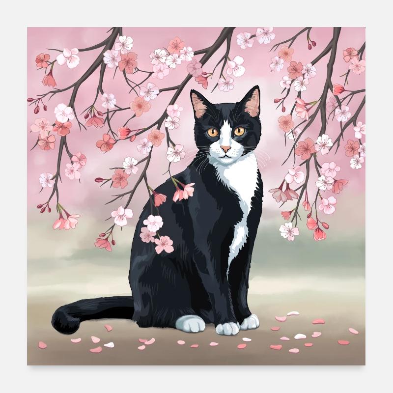 Cherry Blossom Cat: Pink Sakura Flowers, Black Cat Poster 24" x 24" (60x60 cm)
