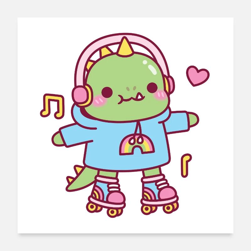 Dinosaure mignon avec sweat à capuche et patins à roulettes Poster 60 x 60 cm