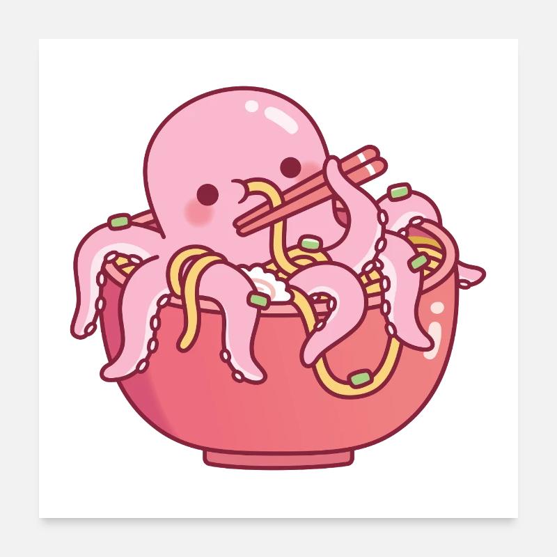 Pieuvre mignonne mangeant des nouilles ramen dans un bol Poster 60 x 60 cm
