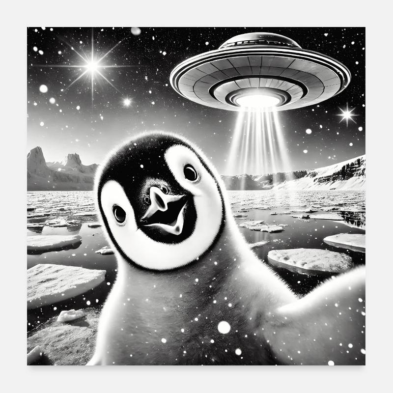 Funny Penguin UFO Alien Alien Outer Space Poster 24" x 24" (60x60 cm)