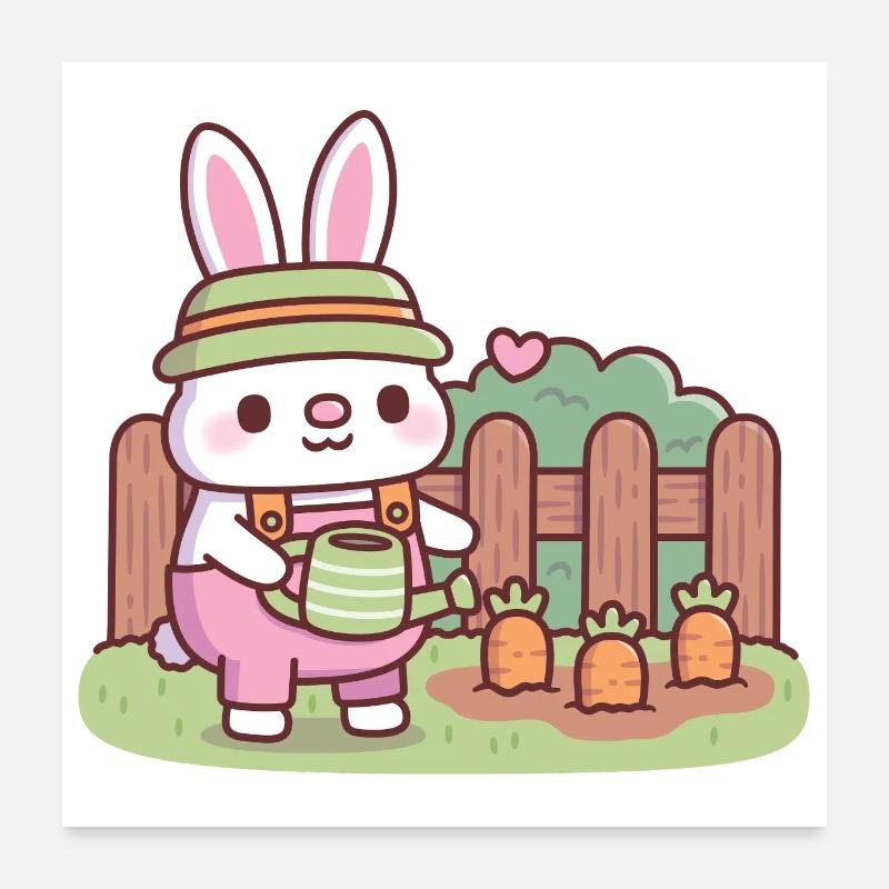 Cute Bunny Gardener Watering Carrots Poster 24" x 24" (60x60 cm)