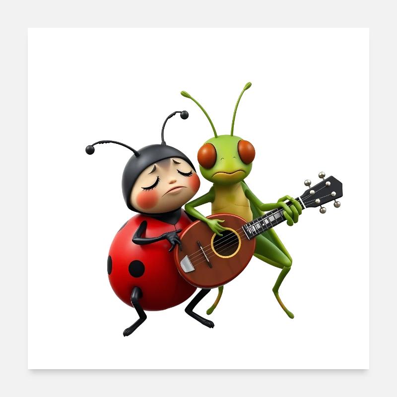 Ladybug and Grasshopper Playing the Mandolin Poster 24" x 24" (60x60 cm)