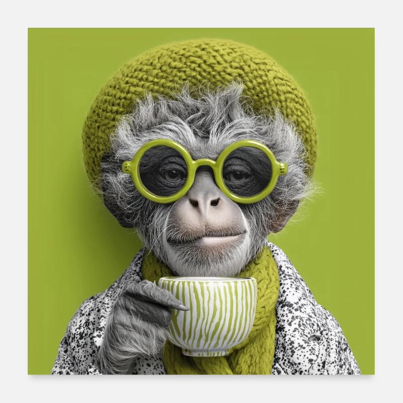 Singe élégant avec lunettes de soleil et tasse à café Poster 60 x 60 cm
