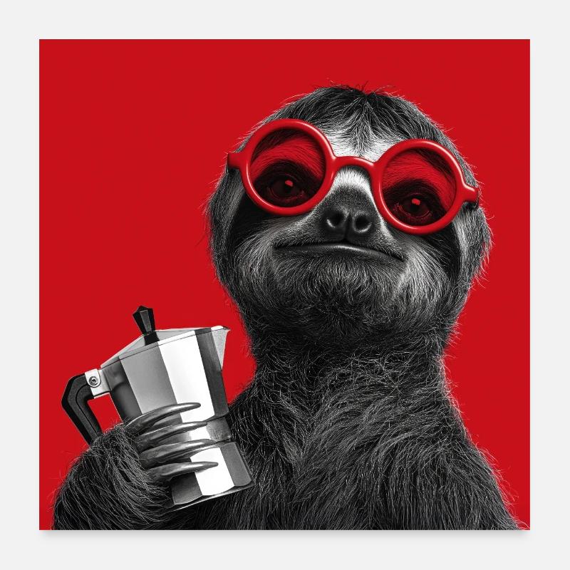 Paresseux avec lunettes de soleil et machine à expresso Poster 60 x 60 cm