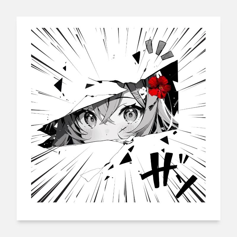 Fille d’anime avec fleur rouge Poster 60 x 60 cm