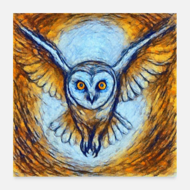 Leuchtende Eule im Flug - Poster 60x60 cm - Weiß