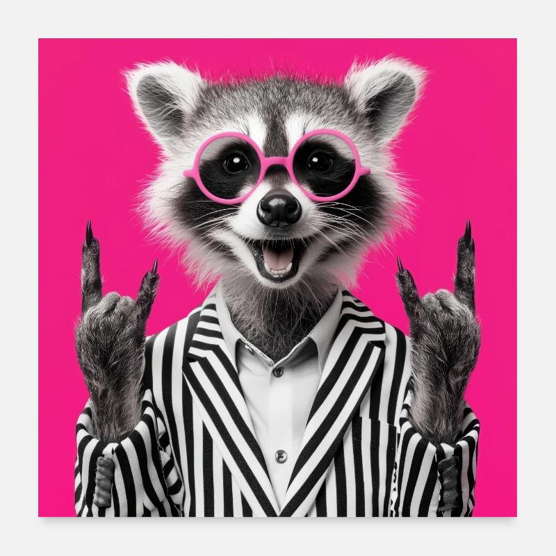 Waschbär mit Doppel Rock Handgeste - Poster 60x60 cm - Weiß