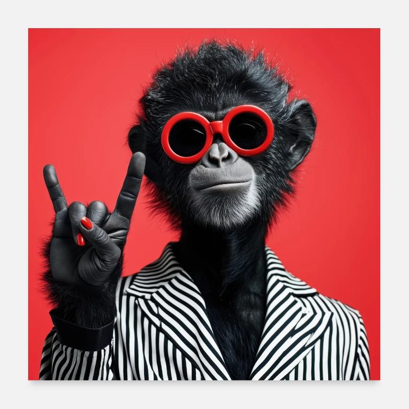 Affe mit roter Sonnenbrille macht Rock Geste - Poster 60x60 cm - Weiß