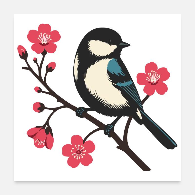 Cherry Blossom Bird - Spring Serenity Art Poster 24" x 24" (60x60 cm)