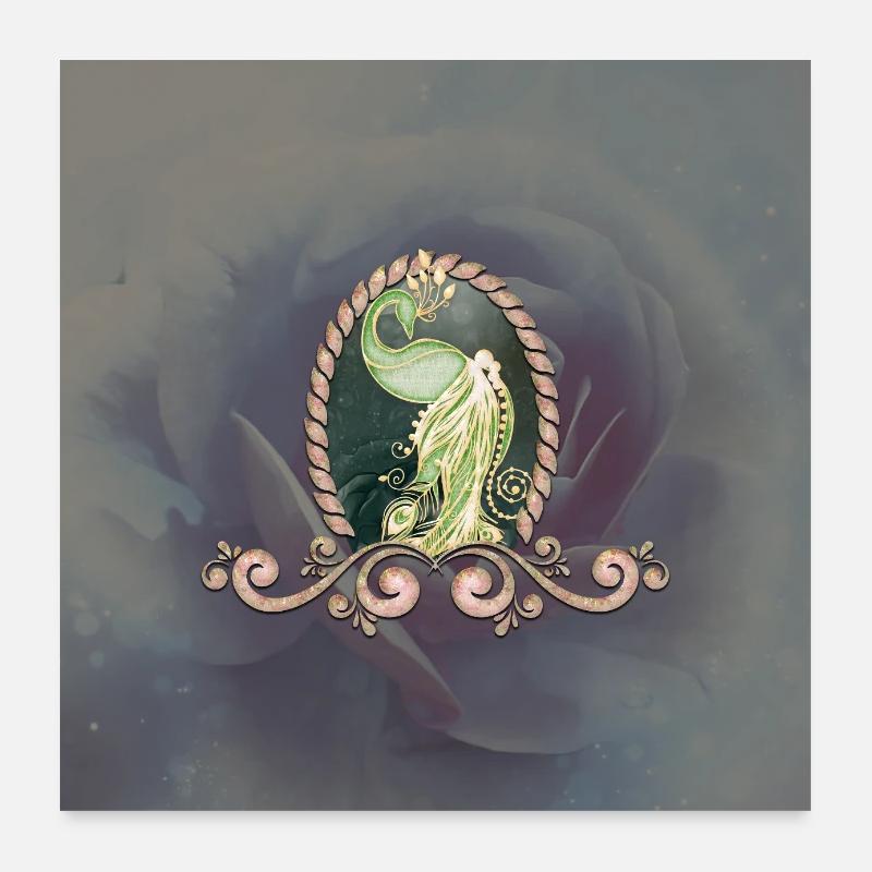Un paon majestueux en or et vert. Poster 60 x 60 cm