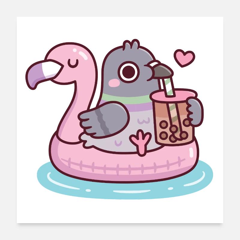 Cute Pigeon Chilling On Flamingo Float With Boba Poster 24" x 24" (60x60 cm)