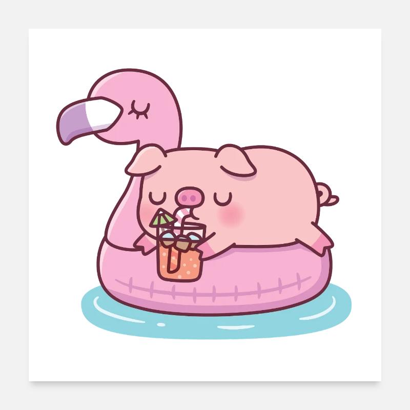 Cute Pig Chilling On Pink Flamingo Pool Float Poster 24" x 24" (60x60 cm)