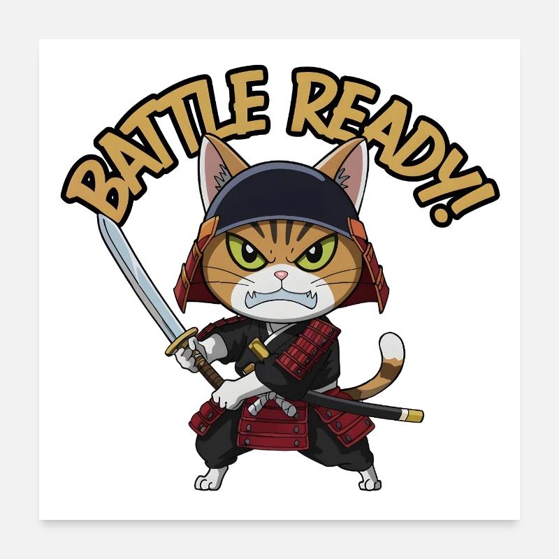 Chat samouraï - Poster 60 x 60 cm - blanc