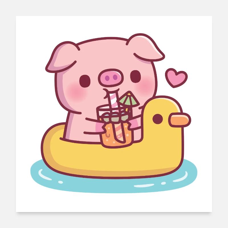 Cute Pig Drinking Orange Juice On Duck Pool Float Poster 24" x 24" (60x60 cm)
