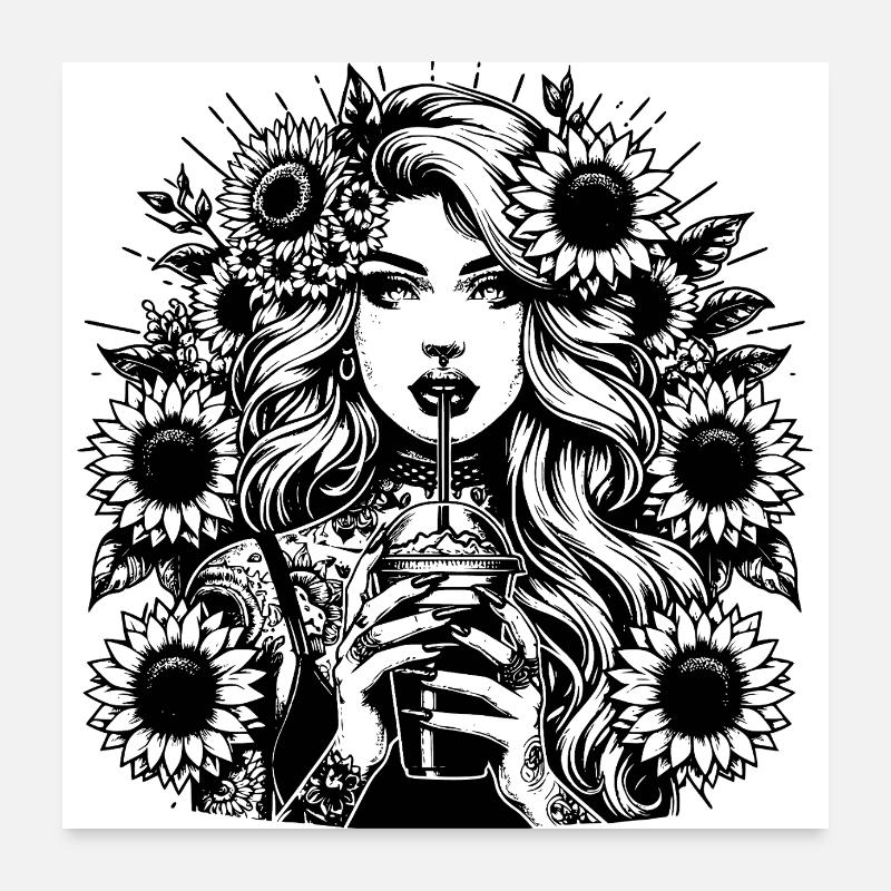 Frau mit Blumen – Line Art Clipart Poster 60x60 cm