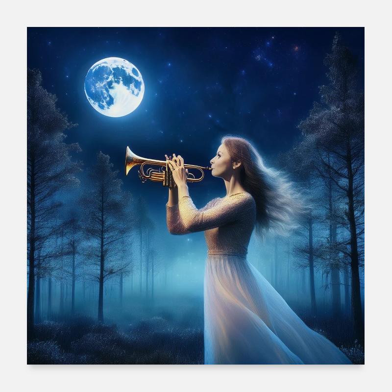 Trompette dans la forêt enchantée au clair de lune Poster 60 x 60 cm