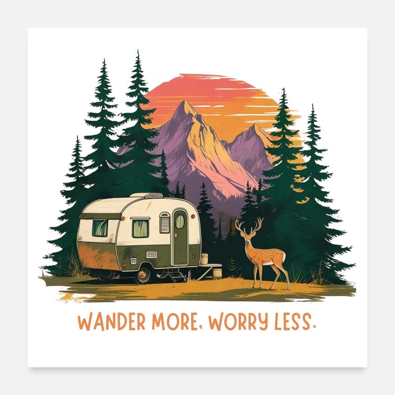 Wander More Worry Less – Retro Camper, Mountain Poster 24" x 24" (60x60 cm)