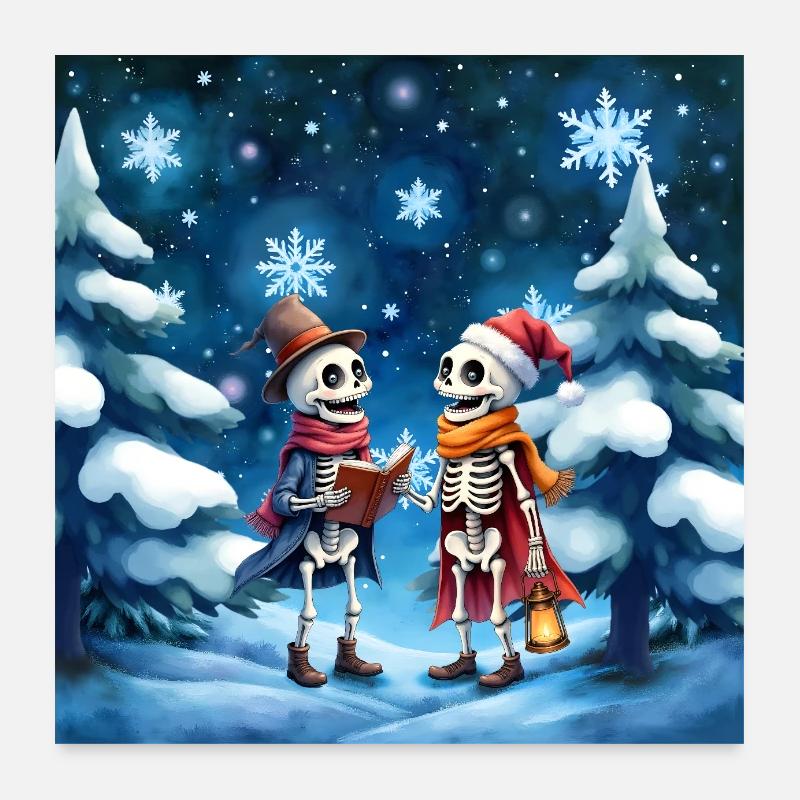 Squelettes de Noël avec chapeaux et lanternes Poster 60 x 60 cm