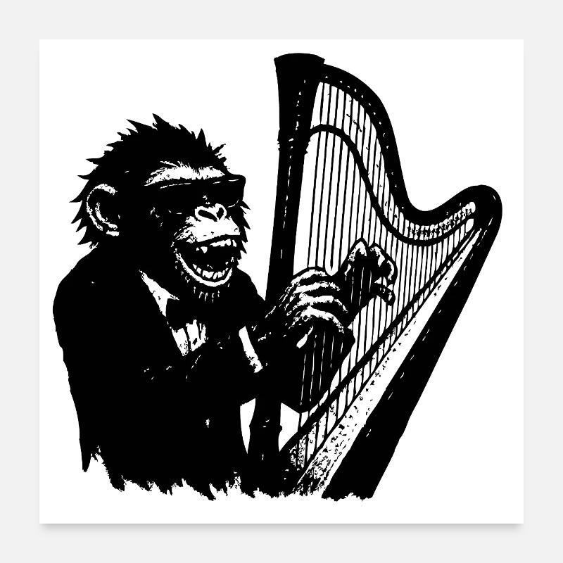 Affe an de Harfe Poster 60x60 cm