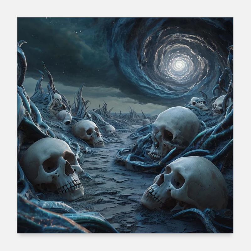 Unheimliche Schädellandschaft unter kosmischem Wirbel Poster 60x60 cm