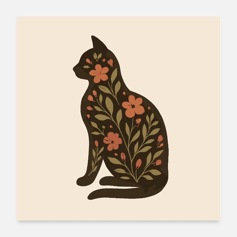 Affiche chat – Silhouette florale bohème Poster 60 x 60 cm