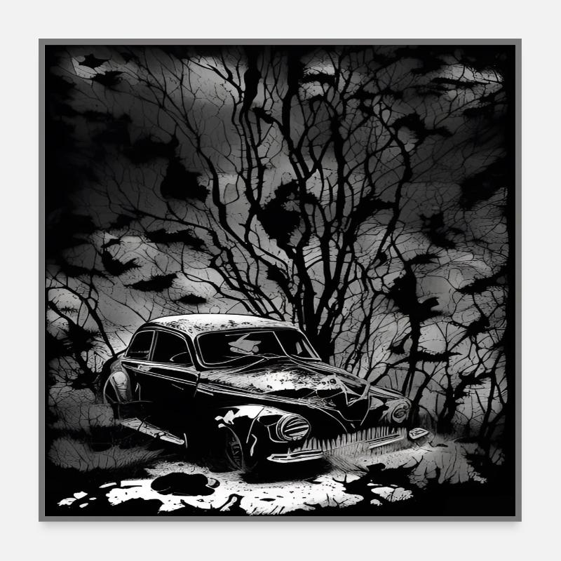 Dunkler Wald Oldtimer Illustration Poster 60x60 cm