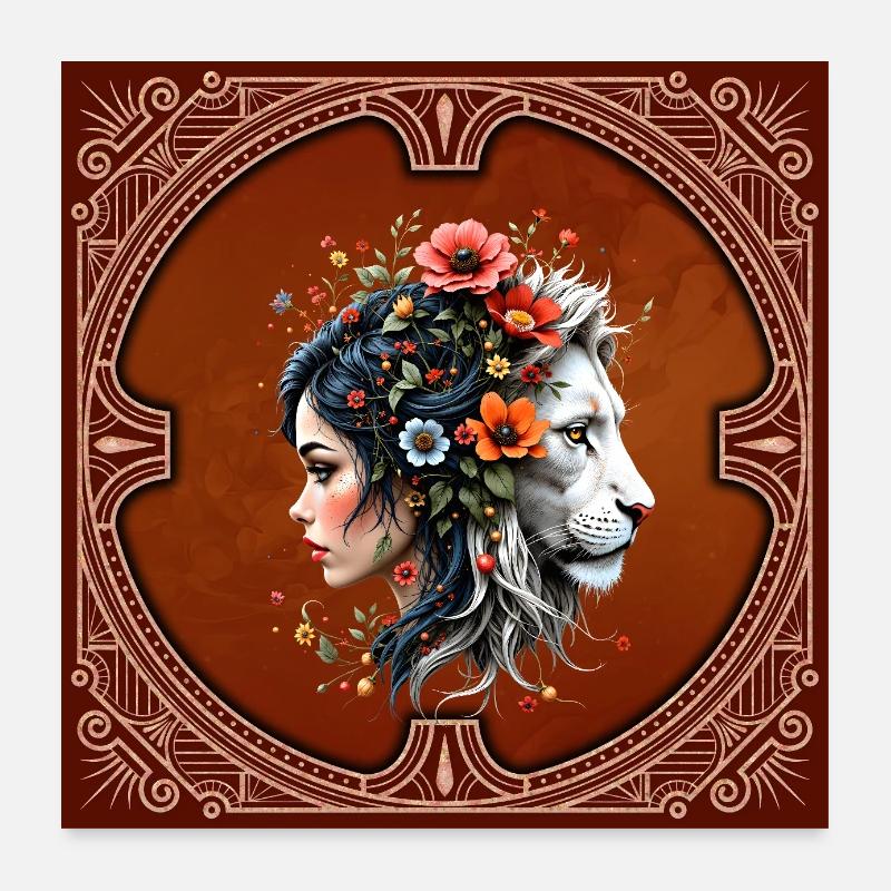 Frau und Löwe mit Blumen im Jugendstil Poster 60x60 cm