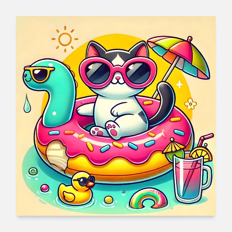 Chat Mignon sur Bouée Piscine Colorée Poster 60 x 60 cm