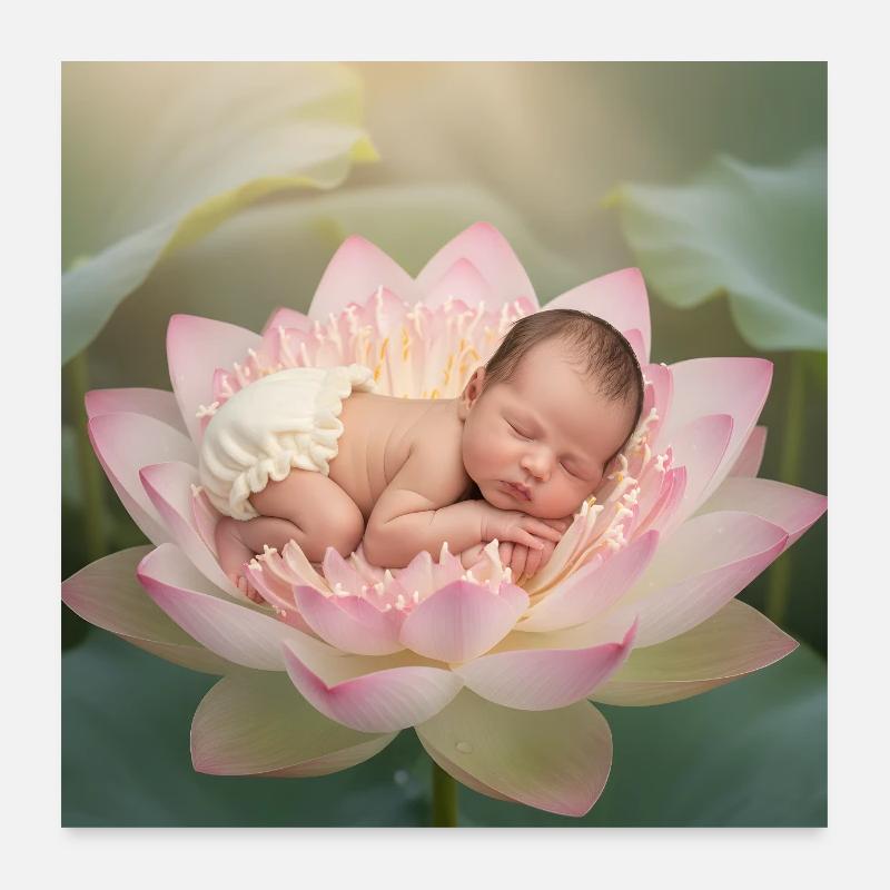 Couche Bébé Dormant Sur Fleur De Lotus Ouverte Poster 60 x 60 cm