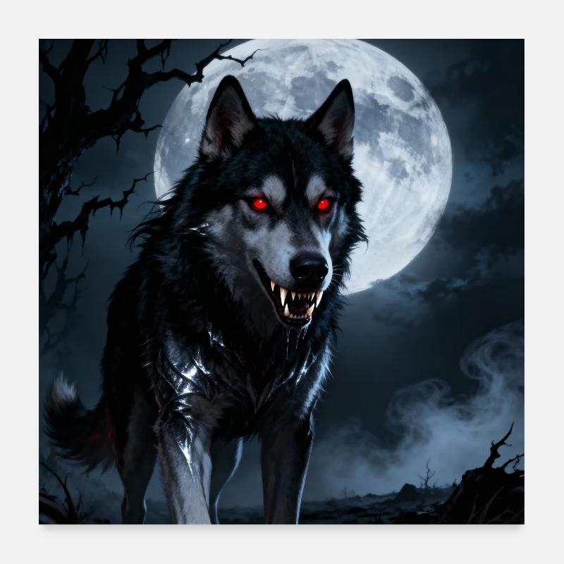 Vollmondwolf mit rotem Blick Poster 60x60 cm