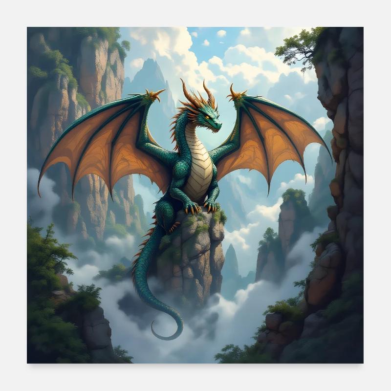 Drachenkrone über Nebelklippen - Poster 60x60 cm - Weiß