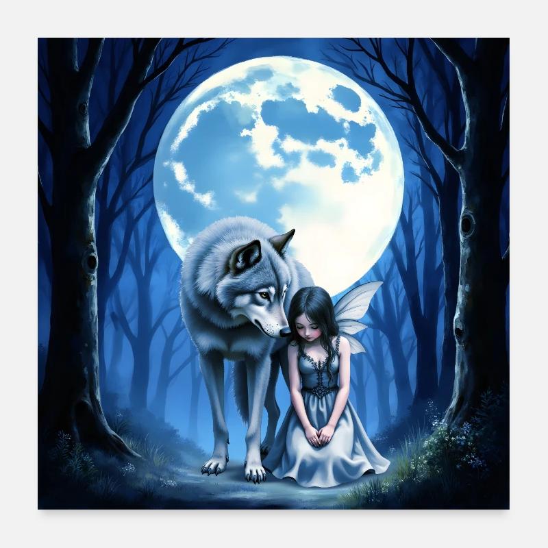 Lobo y hada bajo luna azul Poster 24" x 24" (60x60 cm)