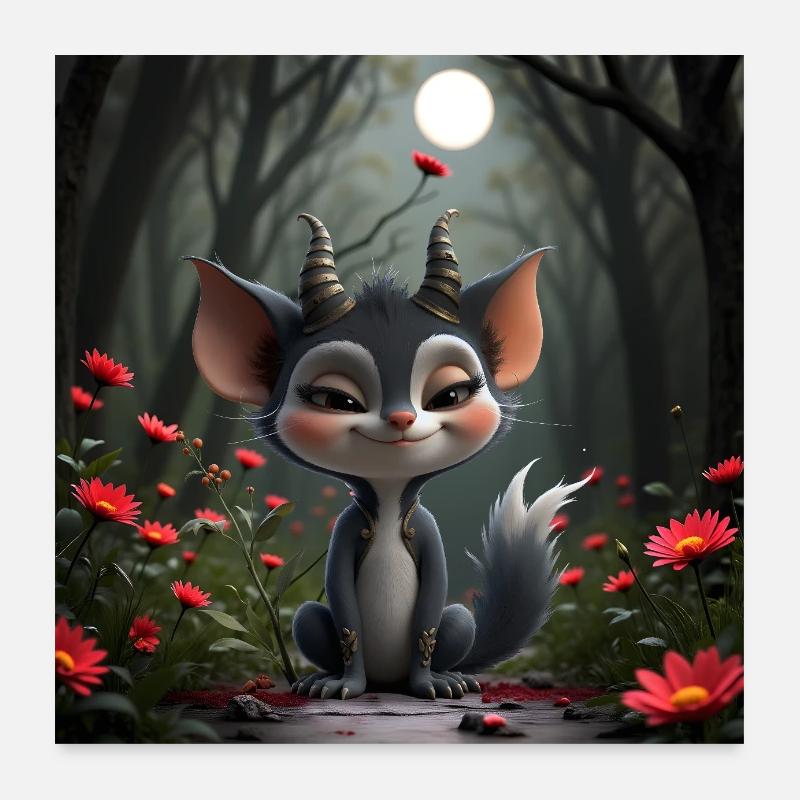 Chaton aux cornes dans la forêt lunaire Poster 60 x 60 cm