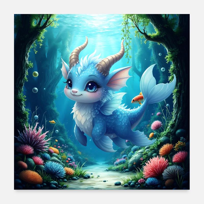 Wasserblauer Drache Poster 60x60 cm