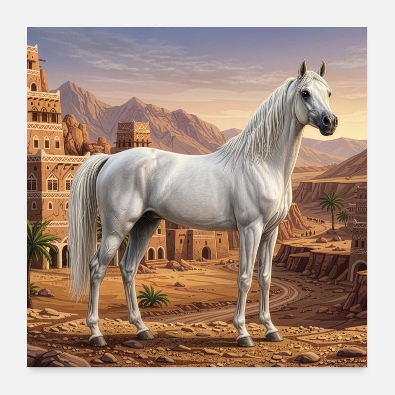 Ein Abbayan-Pferd und eine Landschaft des Jemen Poster 60x60 cm