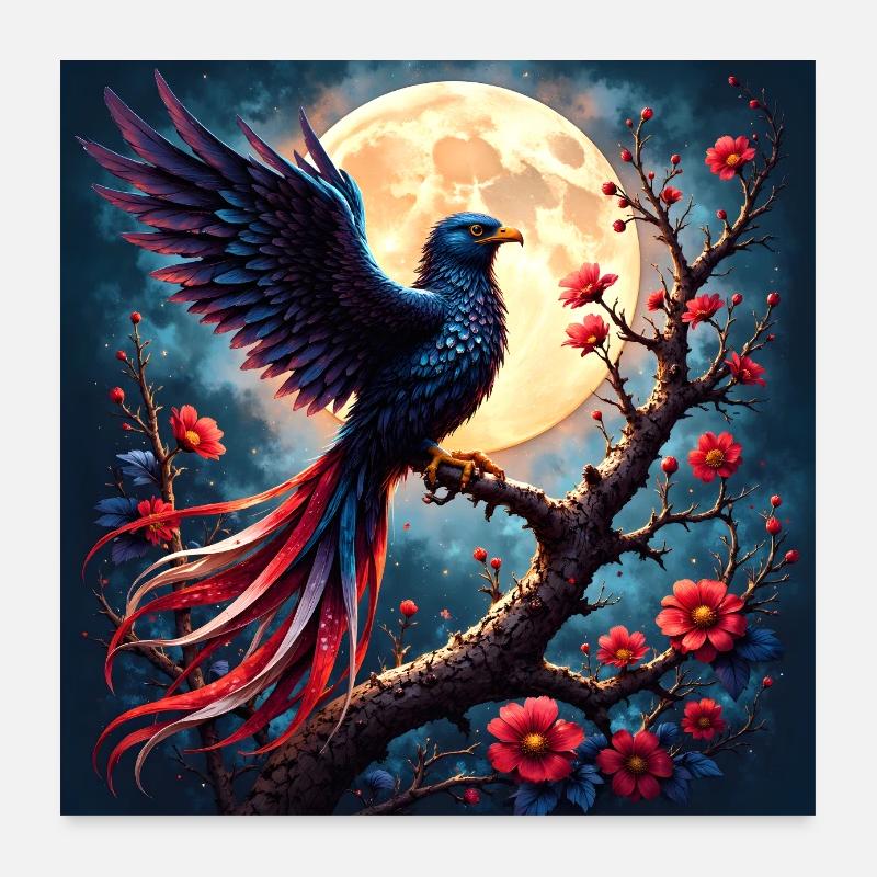 Phénix bleu sous la pleine lune Poster 60 x 60 cm
