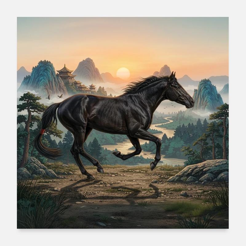 Le cheval Abaga et un paysage de Chine Poster 60 x 60 cm