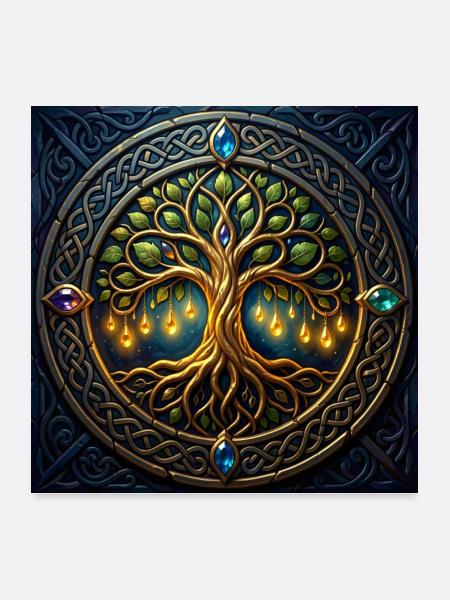 Mystic Tree mit Juwelen und Knoten - Poster 60x60 cm - Weiß - Vorne