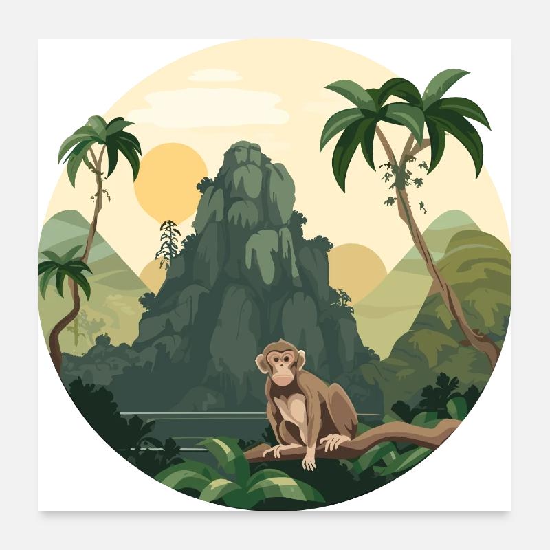Singe Singe Jungle Nature Palm Montagnes Poster 60 x 60 cm