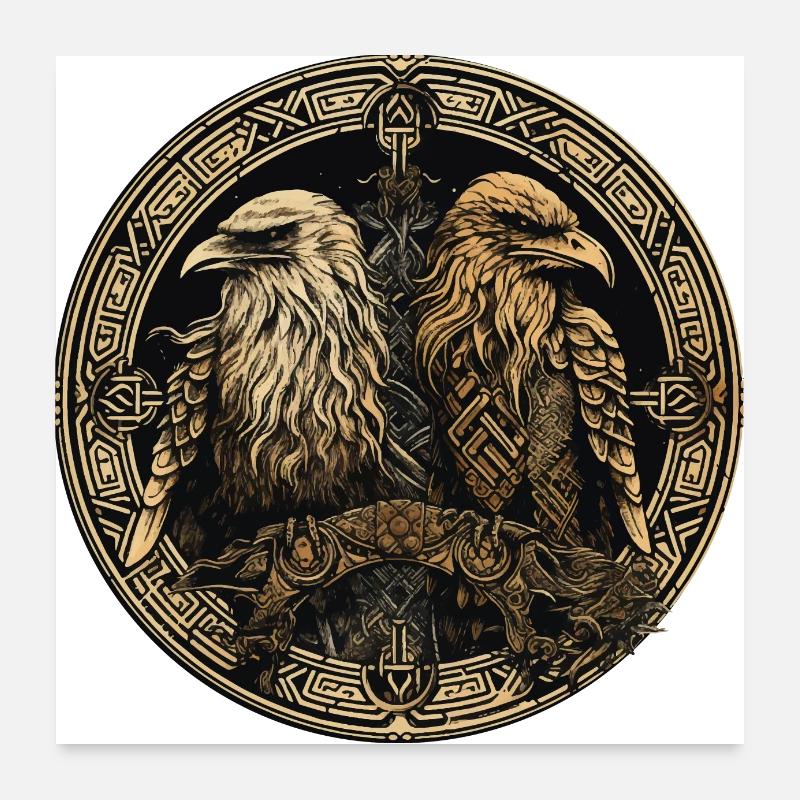 Viking Hugin et Munin Ravens Valhalla Vegvisir Poster 60 x 60 cm